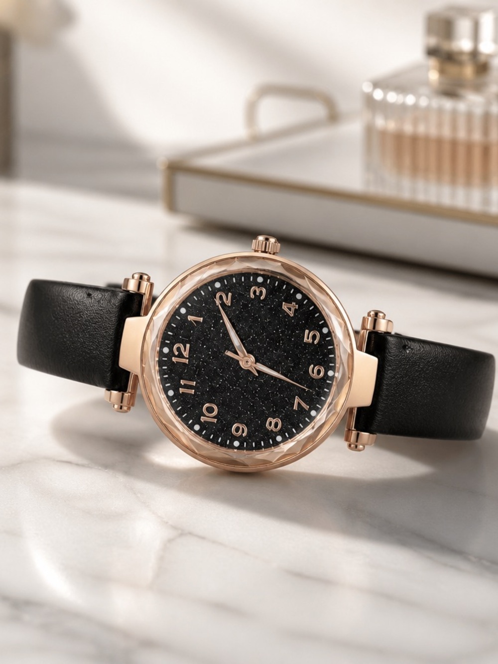 Geneva Rose Gold Case Black Starry Dial Leather Strap Women's Watch